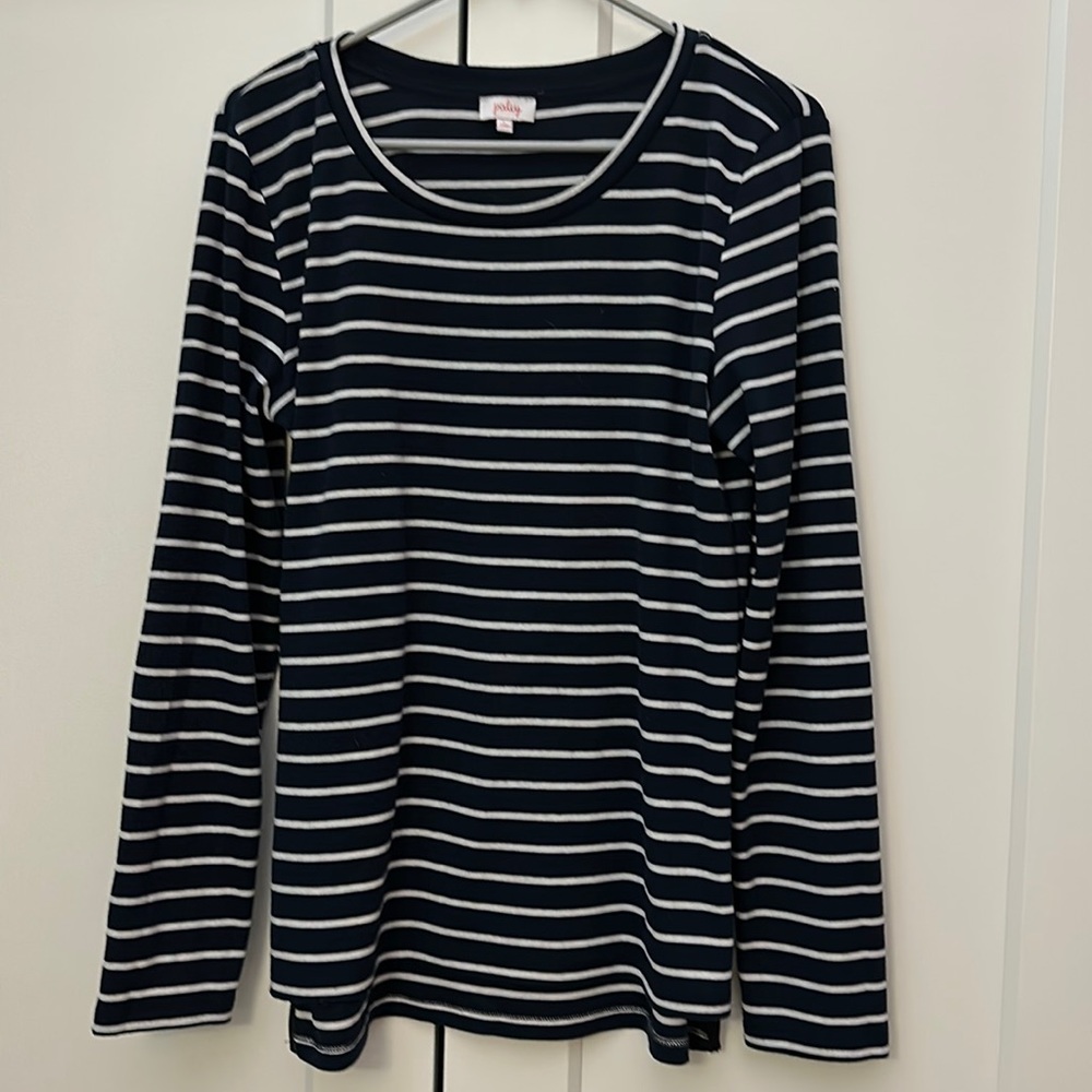 Navy and white striped Pixley (Stitch Fix) long sleeve t-shirt with elbow patch